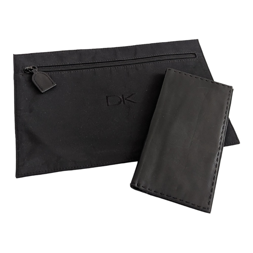 Donna Karan Napa Leather Checkbook Wallet w/ Hand Lacing & Nylon Flat Zip Pouch